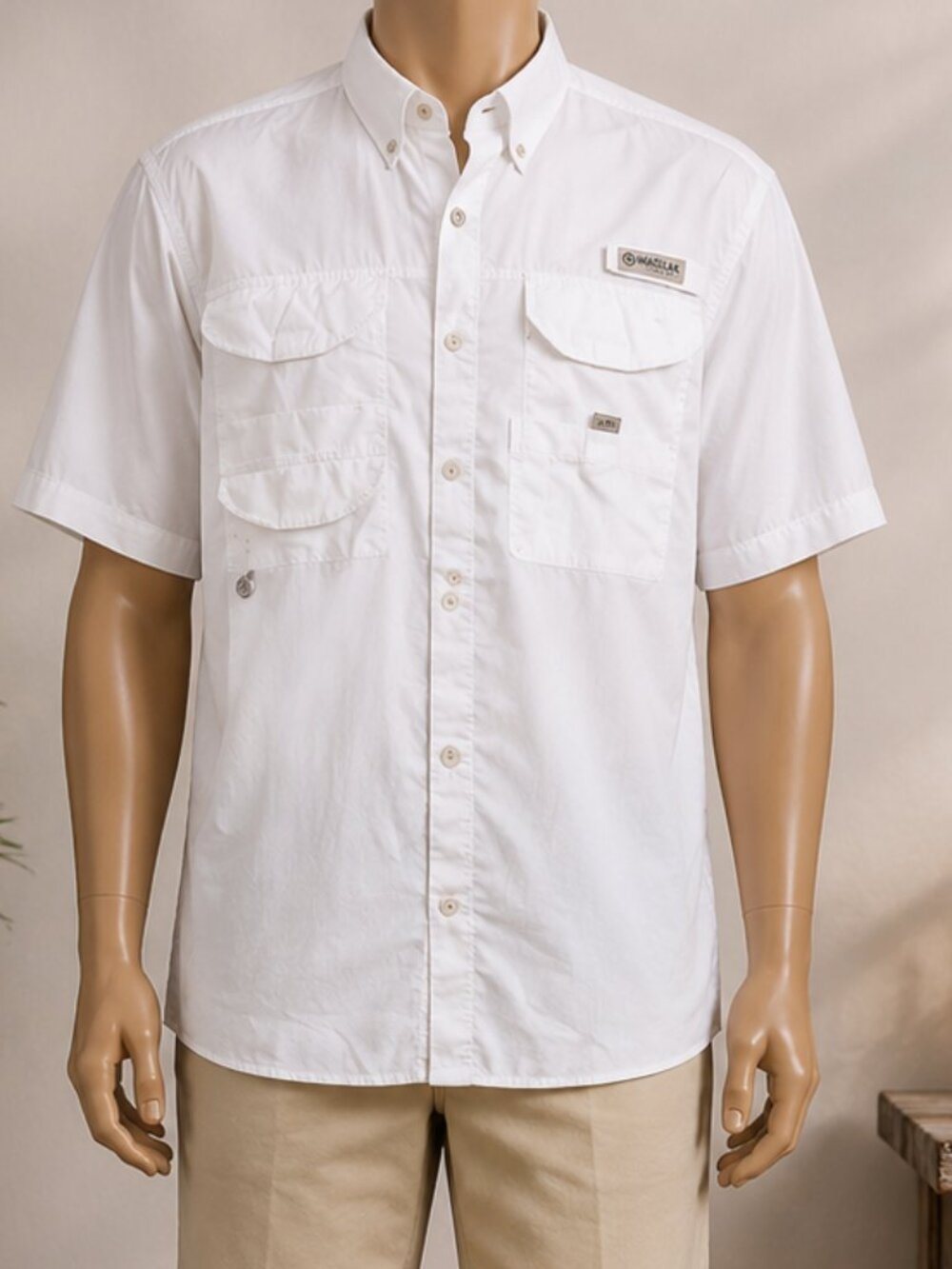 White Performance Fishing Button-Up Shirt Men's Short Sleeve Like New
